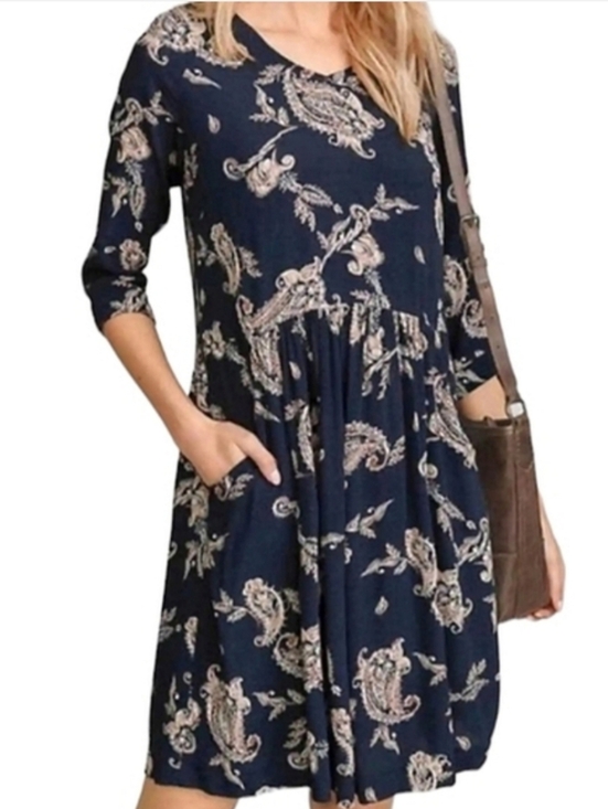 Garnet Hill Dresses & Skirts - Garnet Hill Navy w/ Paisley Print 3/4 Sleeve Boho Dress w/ Pockets - Women's 4